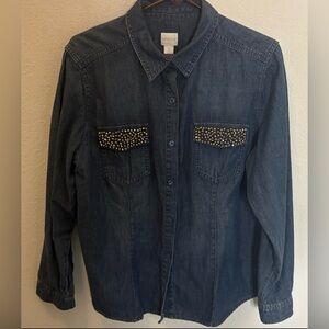 Chico's Button Down Beaded Cotton Denim Embellished Chicos 2 = 12